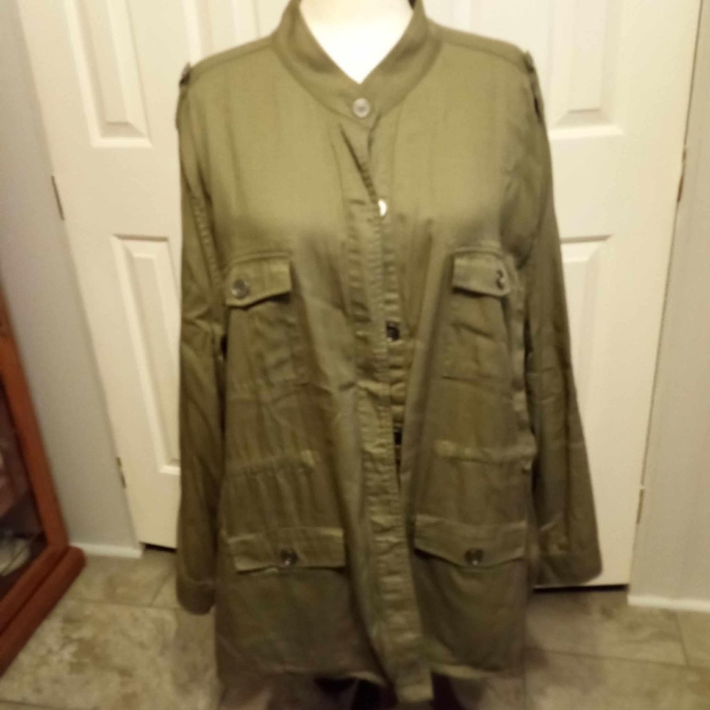 Liz & Me Utility Jacket Olive Green Button Front Long Sleeve Pockets Size 3X
